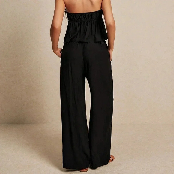 Black Sexy Women's Summer Fashion Linen Crop Top & Wide Leg Trouser Set - Picture 5 of 6